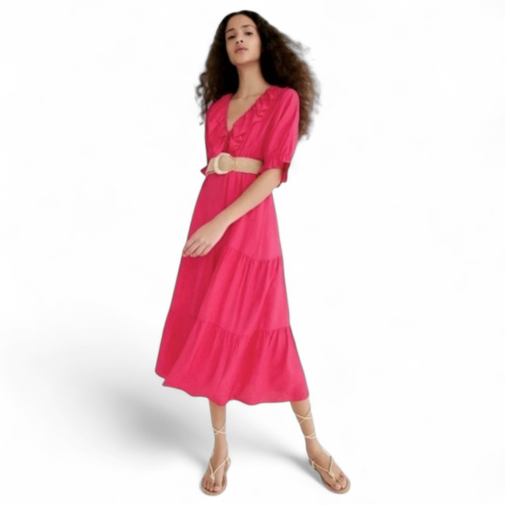 Zara Ruffled Tiered Maxi Midi Dress Puffed Sleeves sz M Hot Pink
